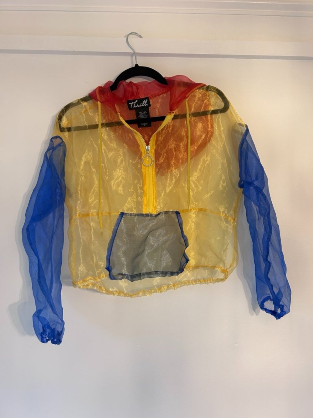 Thrill Sheer Rainbow Colorblock Organza Hooded Jacket Small